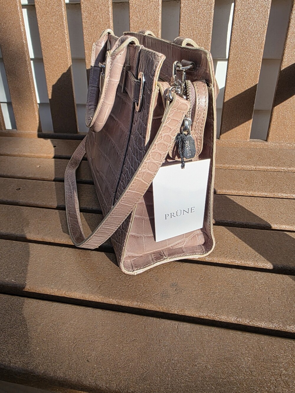 PRUNE NEW Taupe 30 Cm BIRKEN-STYLE Croc-Embossed Leather Satchel. With Bag & Tag - Picture 6 of 10